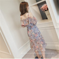 Summer new word collar strap broken flower sweet han edition of even the garment skirt long big dew shoulder chiffon dress